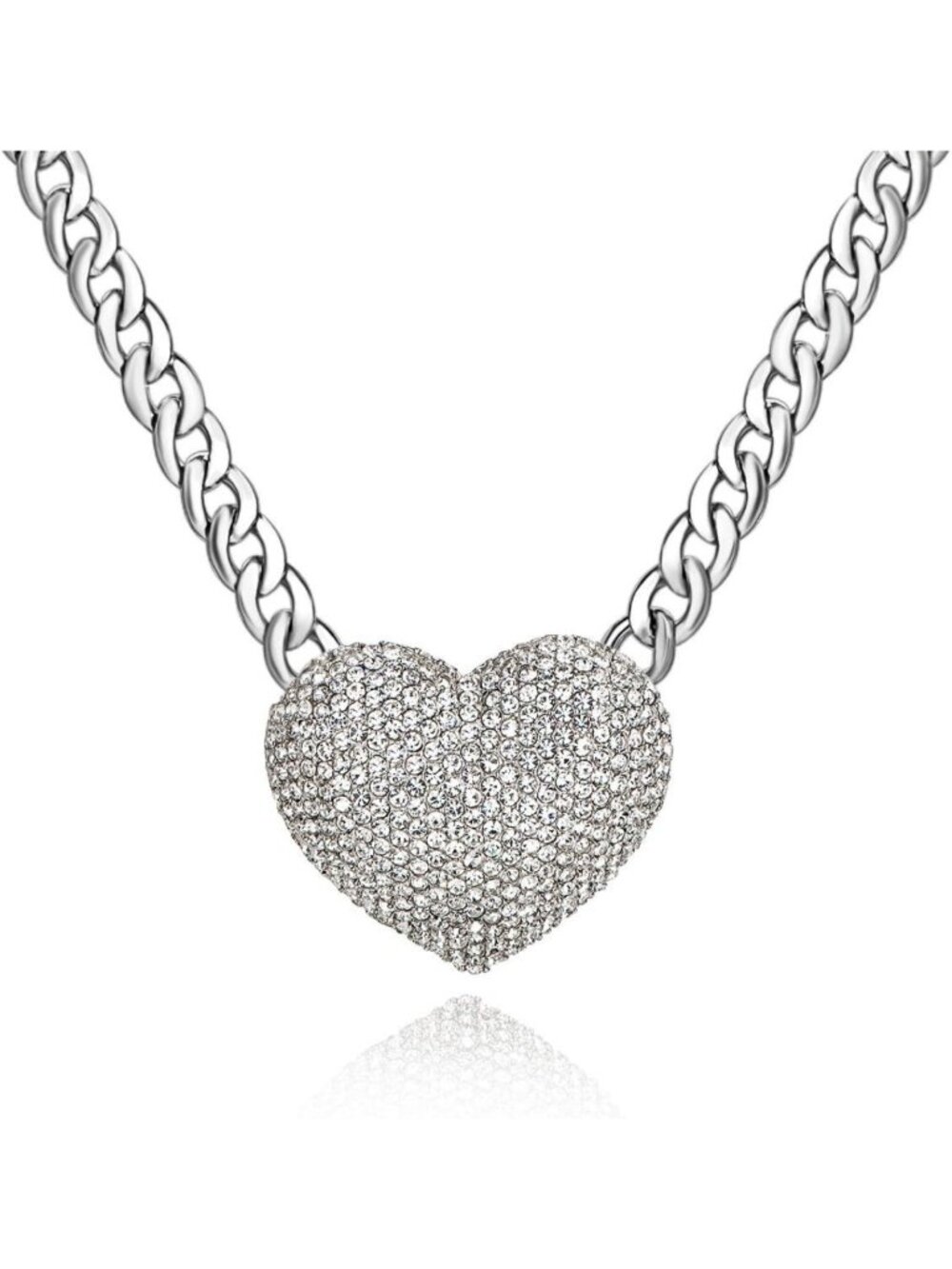 Sparkly Heart Necklace with Chunky Chain - Rhinestone Punk Rock Costume Jewelry